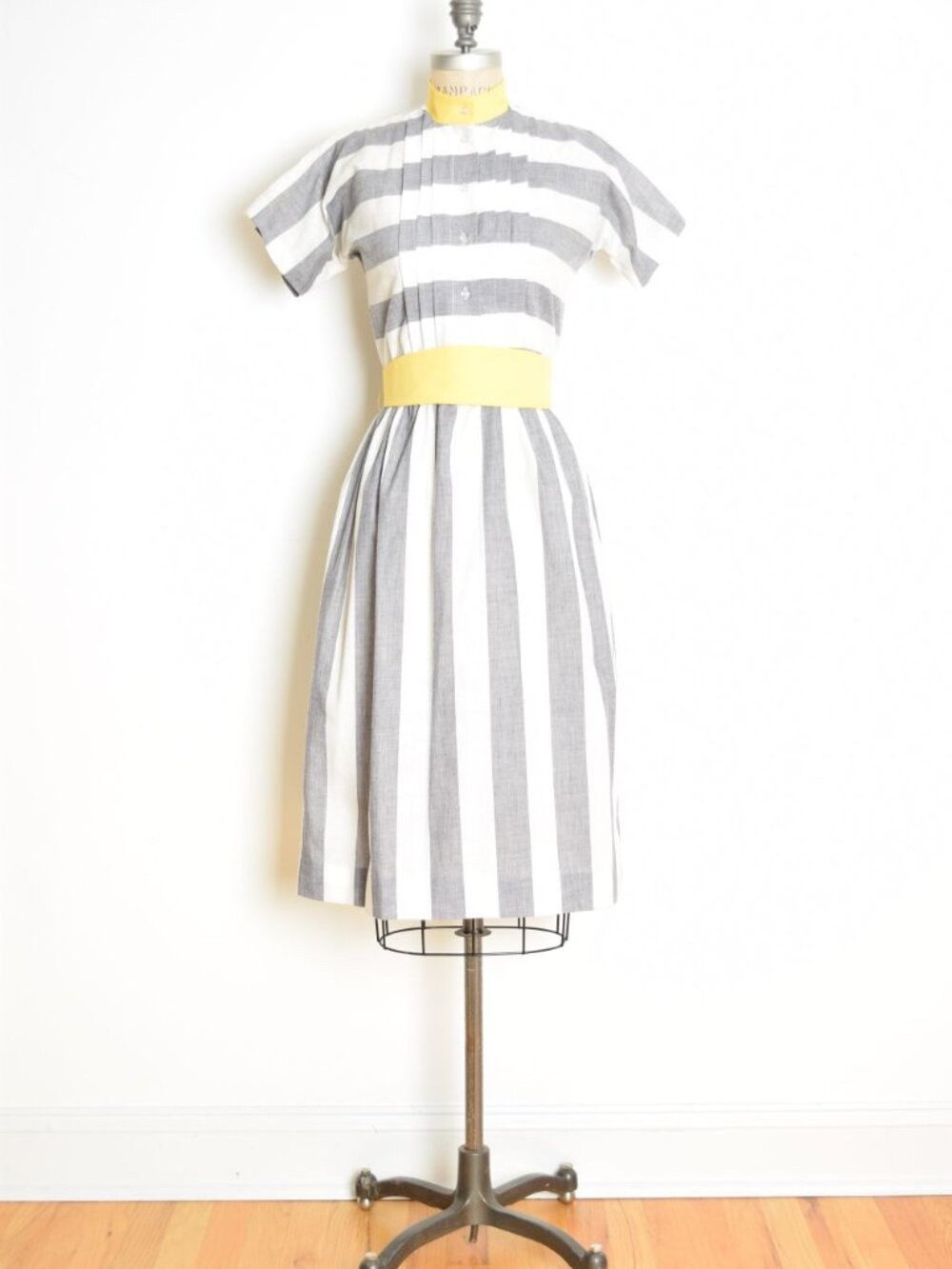 vintage 80s dress gray white yellow striped preppy shirtwaist dolman midi XS